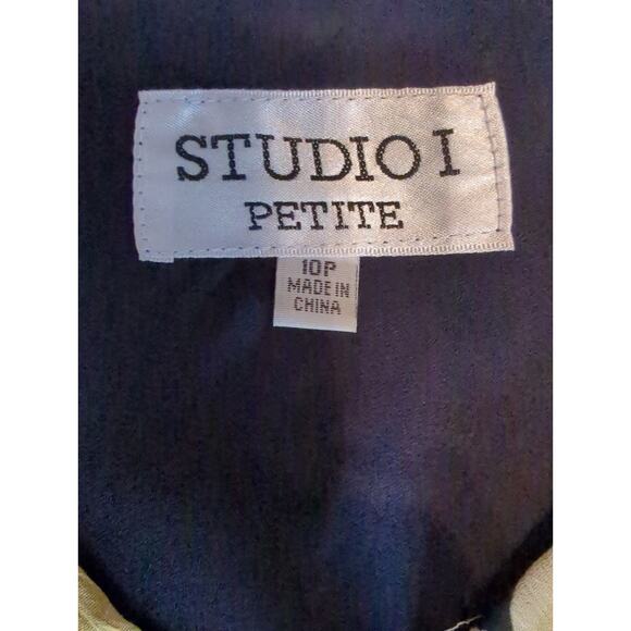 STUDIO I PETITE Two Piece Blouse Skirt Set Yellow Black and Cream Women size 10P - Picture 3 of 11